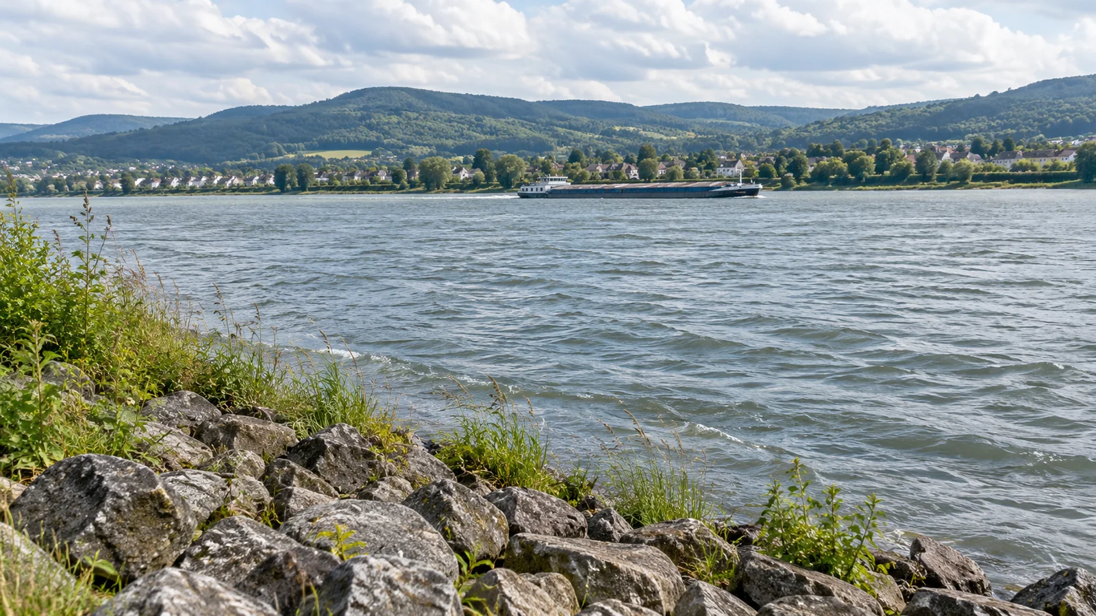Ein Binnenschiff auf einem Fluss vor bewaldeten Hügeln.