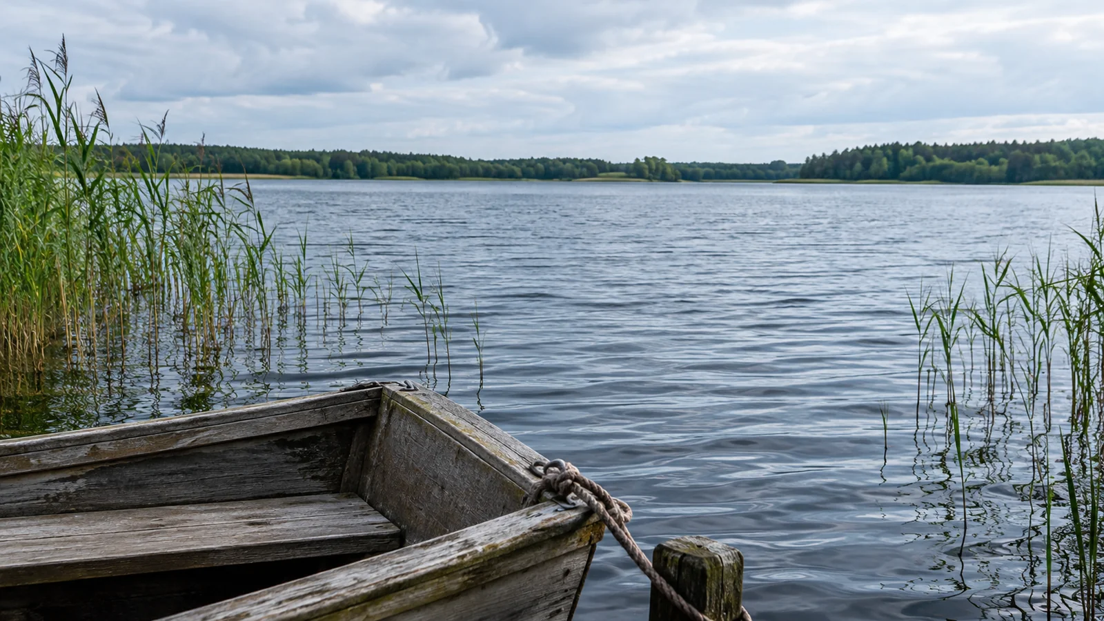Ein Holzboot liegt am Schilfufer eines Sees.