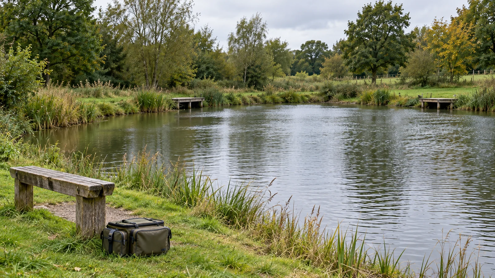 Bank und Angeltasche an einem Teich mit Angelstegen.