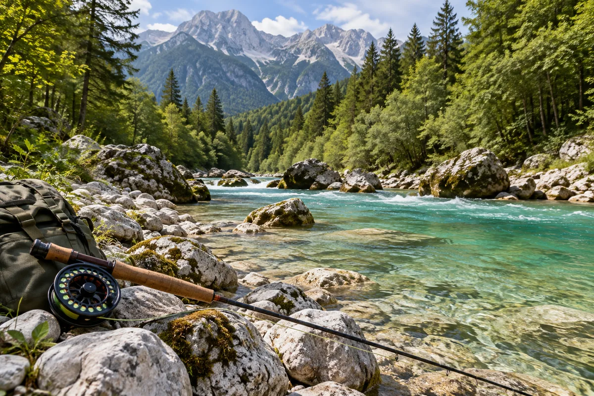 Angeln in Slowenien: Marmorierte Forelle im türkisen Soča